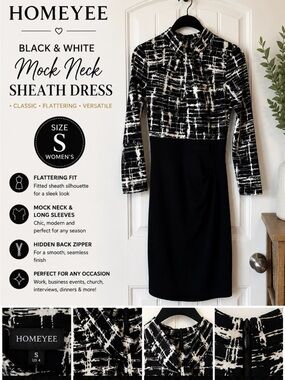HOMEYEE Black & White Long Sleeve Mock Neck Sheath Dress